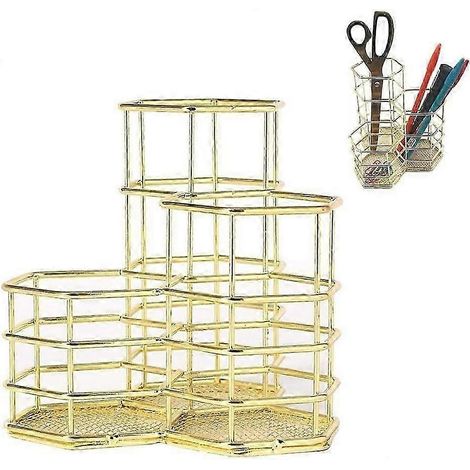 Porte-stylo hexagonal en or rose, organisateur creux en métal antirouille avec 3 compartiments pour stylos, pinceaux de maquillage, rangement de bureau (1/5)