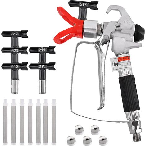 Pistolet a Peinture, Airless Pistolet Peinture Haute Pression, Pistolet Pulvérisateur de Peinture sans air Haute Pression 3600 psi avec 5 Embouts de Pulvérisation et 7 Filtres de Pistolet à Peinture (1/5)