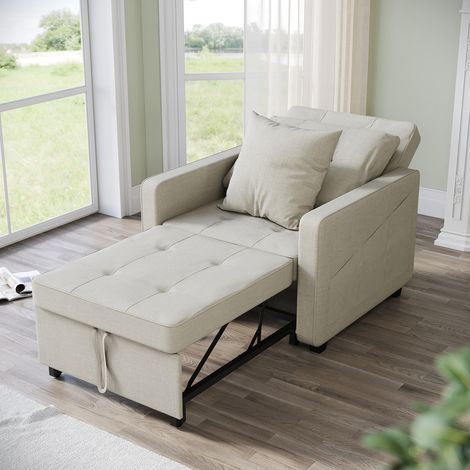 ELEGANT Modern Convertible Sofa Bed 3-in-1 Pull out Arm Chair Folding Recliner Sleeper Single Bed Equipped with Two Pillows, 6-Levels Adjustable, Cream, 81x87x77.5cm (1/5)