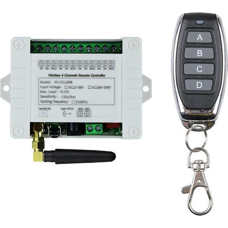 Récepteur et émetteur 4 canaux pour relais sans fil RF 4 canaux, 12 V, 24 V, 36 V CC, 10 A, 433 MHz (1/5)
