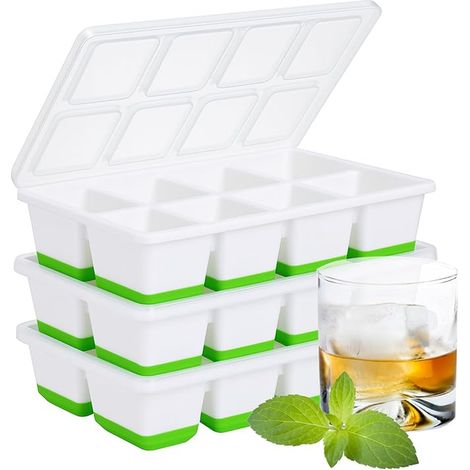 Bandejas de cubitos de hielo con tapa, bandejas grandes de cubitos cuadrados de hielo para whisky, cócteles, old fashioned y smoothies, moldes suaves de cubitos de hielo de liberación fácil (1/4)