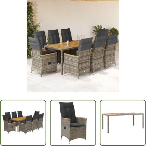 Gartenstuhl - 9-tlg. Garten-Essgruppe mit Kissen Grau Poly Rattan (1/5)