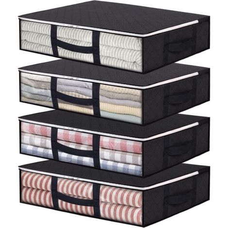 Set of 4 Foldable Storage Bags (40L) with Viewing Window and Reinforced Handles, Zippered Organizer for Duvets, Blankets and Bedding, Black (1/5)