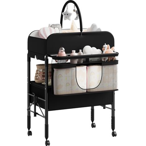 Folding Baby Changing Table w/ 2 Drawers, 4 Heights, Locking Wheels, Safety Belt, Height Measure, Waterproof Pad, Black