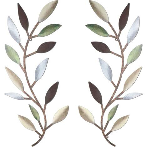 Lot de 2 décorations murales en métal représentant des feuilles d'arbre et des branches d'olivier, pour salon, couloir ou décoration extérieure (multicolore) (1/5)