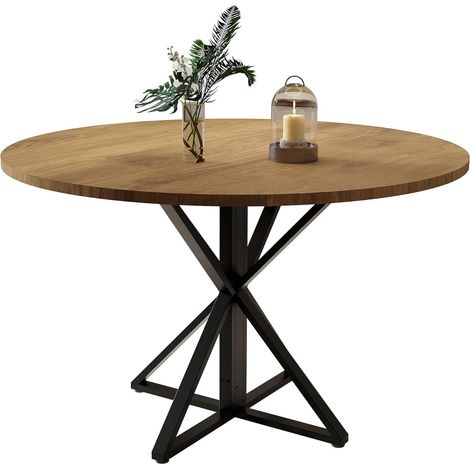 120CM Table à Manger Ronde en Bois pour 4-6 Personnes, Piétement Métal Solide, pour Cuisine, Salle à Manger, Salon, Marron (1/5)
