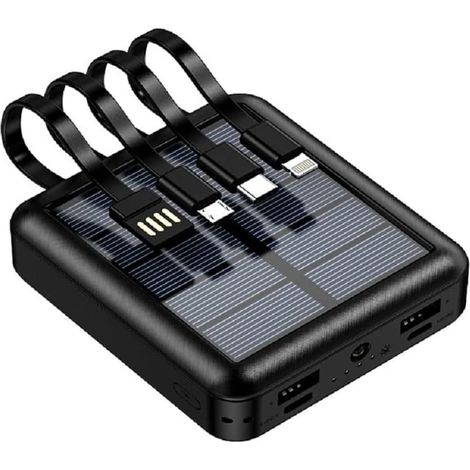 YMYNY Chargeur Solaire Portable 10000mAh avec 4 Câbles Intégrés & Lampe de Poche LED - Power Bank Antipoussière, Antichoc et Splashproof - Charge Rapide USB C pour Camping en Plein Air (Noir) (1/5)