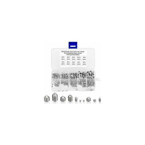 200pcs Vis Pointeau Vis Sans Tête Hexagonale, M3 M4 M5 M6 M8 Tête Conique Acier Inoxydable 304, Vis de pression,Kits de Vis à Six Pans Creux Coupelle (1/4)