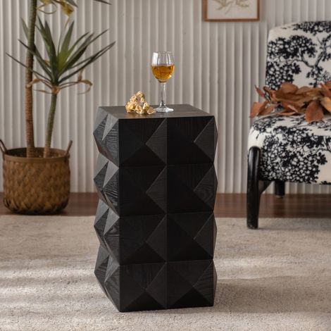 Table de chevet rétro noir 60cm, motif 3D relief, bois massif, sans assemblage, design vintage (1/5)