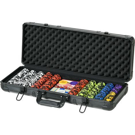 Set Poker 500 fiches, 2 jeux de cartes, 5 dés, boutons, valise aluminium noir