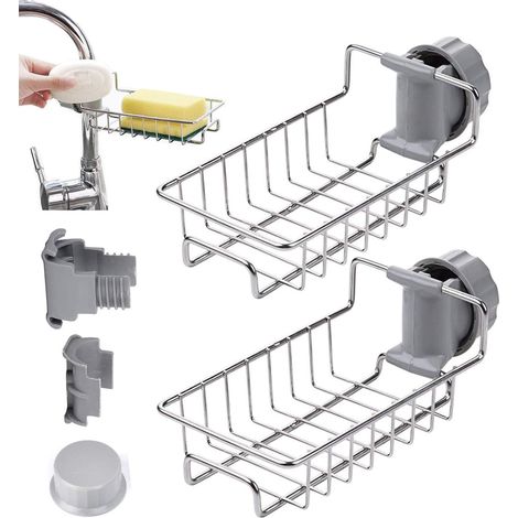 Soporte para esponja de grifo de cocina, 2 piezas, estante de almacenamiento de acero inoxidable para grifo (1/5)