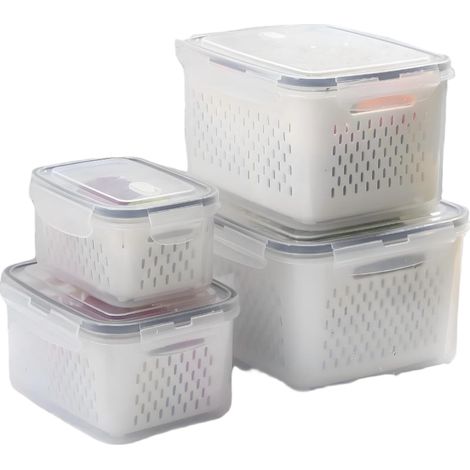 Ensemble de 4 boîtes de rangement pour réfrigérateur avec couvercles hermétiques et système de drainage, idéal pour ranger les fruits et légumes.