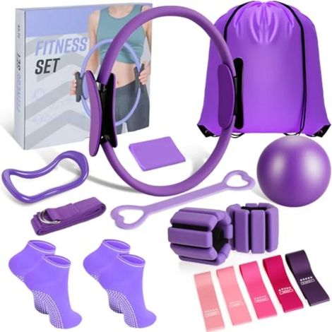 Ensemble Pilates avec anneau et ballon, comprenant une bande de résistance, un anneau magique de 12 pouces et un ballon de 9,8 pouces. (1/5)