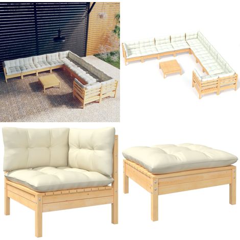 11-tlg. Garten-Lounge-Set mit Creme Kissen Kiefernholz - Gartensessel - Lounge Set - Gartenmöbel - Outdoor Möbel - Rattan Sessel - Home & Living (1/5)