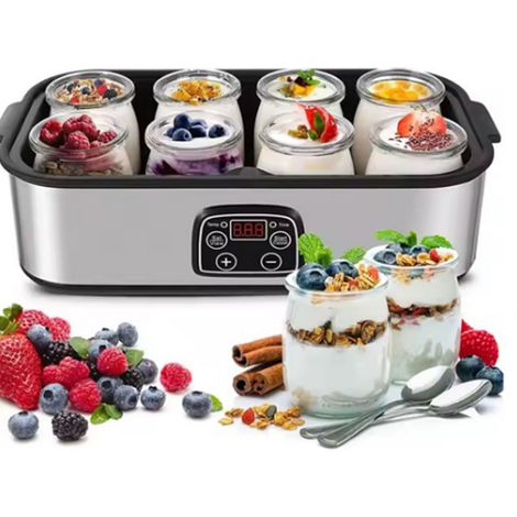 Machine à yaourt - 8 pots (180ml chacun) - Contrôle automatique de température - Timer 0-48h - 25W - Acier inoxydable, métal, verre (1/4)
