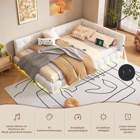 Cama daybed moderna 140x200 cm blanca en terciopelo con cabecero, somier de láminas, LED 16 colores, USB y Type-C (1/5)