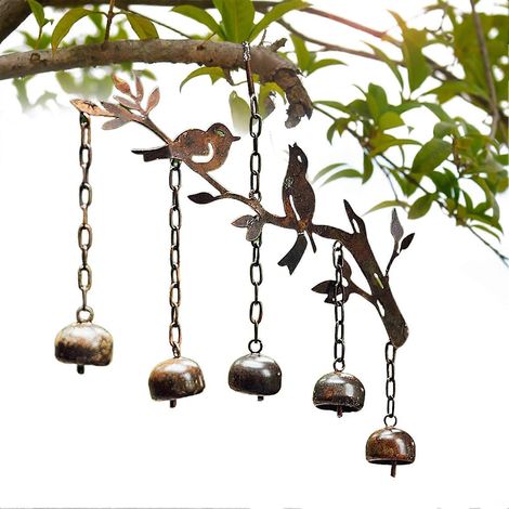 Carillon d'extérieur à 5 cloches dorées, motif colibri, idéal pour la décoration de jardin et d'intérieur. (1/5)