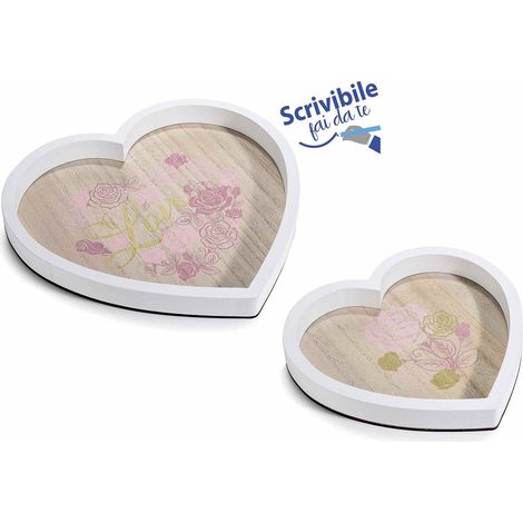 Vassoi a forma cuore in set da due pezzi in legno con decori floreali e bordi bianchi, set da 2 pezzi, Grande: cm 24 x 23 x 2 H