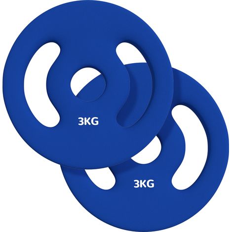 Lot de 2 plaques de poids 3 kg disques haltères barre Ø 2,5 cm poignées métal bleu (1/5)