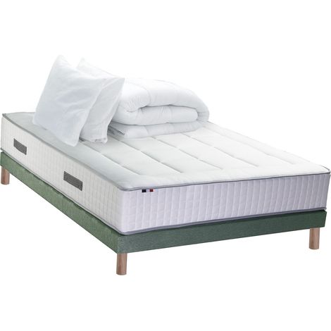 Ensemble matelas Ressort 7 zones + sommier + oreiller + couette FABRICATION FRANCAISE 140 x 190 cm Sommier Vert celadon (1/5)