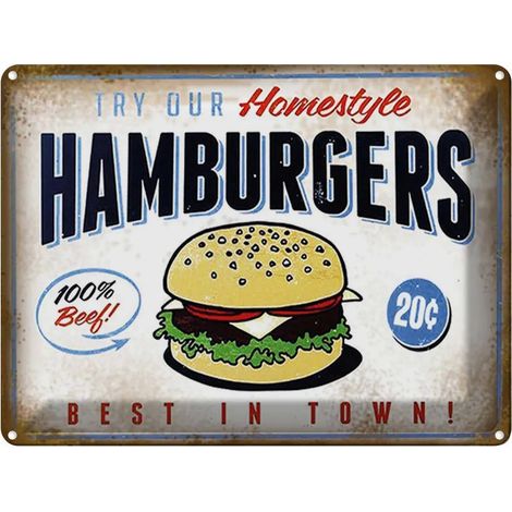 Plaque en métal 30x40 cm « Le meilleur hamburger de la ville », 100 % bœuf (1/4)
