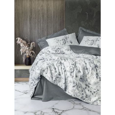 Parure de lit - 1 housse de couette 220 x 240 cm + 2 taies d'oreiller 60 x 60 cm - 100 % satin de coton - Gris