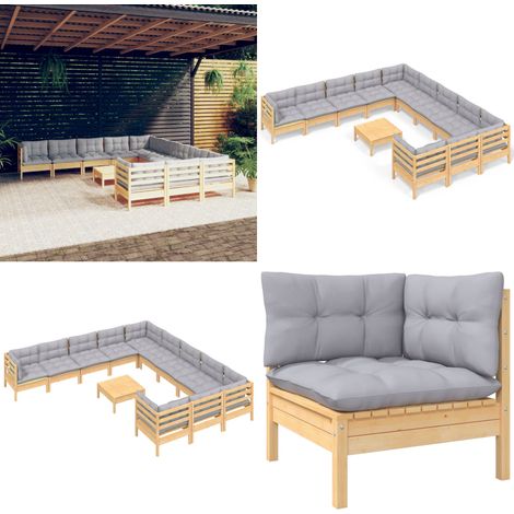 12-tlg. Garten-Lounge-Set mit Grauen Kissen Kiefernholz - Garten-Lounge-Set - Garten-Lounge-Sets - Home & Living (1/5)