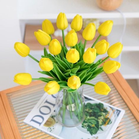 10 realistische Latex-Tulpen, künstliche Tulpen, Brautstrauß, geeignet für Hochzeiten, Innen- und Gartendekoration, gelb (1/5)