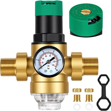 3/4 Pouce Reducteur de Pression Eau, Limiteur de Pression en Laiton Épaissi avec Manomètre et Filtre à Mailles, Régulateur de Pression d’Eau pour Maison, Bâtiment, Usine, Jardin, Chauffage Gaz (1/5)