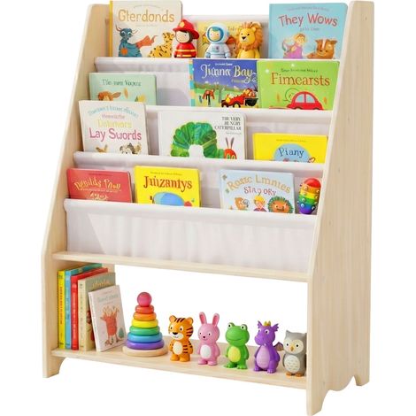 Children's Bookcase with 4 Fabric Pockets, Natural Wood (1/5)
