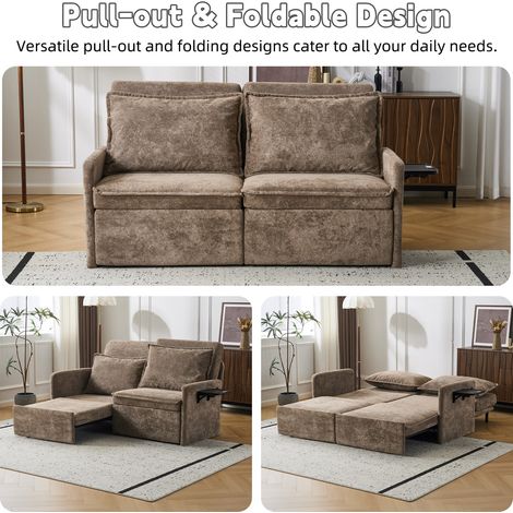 Canapé-lit convertible avec coussins et port USB, canapé 3 en 1 avec dossier réglable sur 5 positions, canapé-lit pliable avec rangement, chenille, marron (1/5)