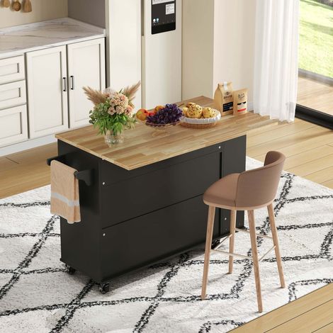Îlot de cuisine 120 x 45/70 x 89 cm, table rabattable, 5 roulettes, 2 tiroirs, range-bouteilles et porte-verres, noir (1/5)