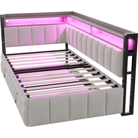Cama nido 90 x 200 cm con LED, almacenaje y puertos USB Tipo-C, terciopelo gris claro (1/5)