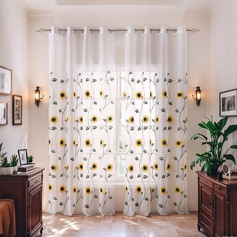 Tende trasparenti in tulle con motivo a girasoli (1 confezione, 100x250 cm), pannelli per finestre morbidi e leggeri. (1/5)