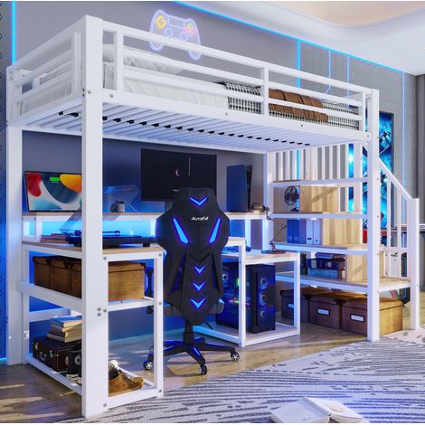 Cama alta de metal blanco 90x200 cm con escritorio, estantes, escalera con almacenaje y LED (1/5)