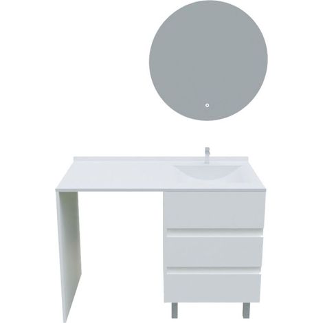 Meuble lave-linge KORA avec plan vasque déportée + Miroir rond Fazzio- Blanc- Vasque à droite (1/5)