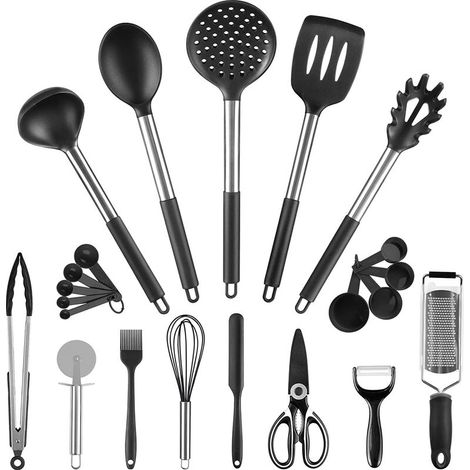Ustensiles de Cuisine Silicone Inox Noir 22 Pcs , Ustensiles Cuisine Accesoires Cuisines Spatule Cuisines Ciseaux Cuillère de Cuisines , Sans BPA Antiadhésif Résistant aux Rayures Chaleurs (1/5)