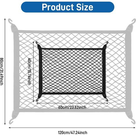 Filet de Rangement Coffre de Voiture, 60x40cm Extensible Jusqu'à 120x80cm, Pour Chien et Camping Car, Avec 4 Crochets Solides (Noir)