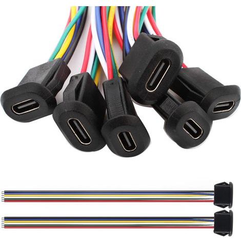 6 Pièces connecteur USB C a souder prise femelle,USB C 6 Fils femelle connecteur panneau avec Boucle à Rainure à Pression,150mm 24 AWG, Noir (1/5)