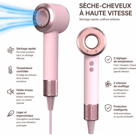 Sèche-cheveux haute vitesse 1500W soin ionique rose prise EU 220V réf 9635 35 × 15 × 10 cm 840 g – Livraison gratuite