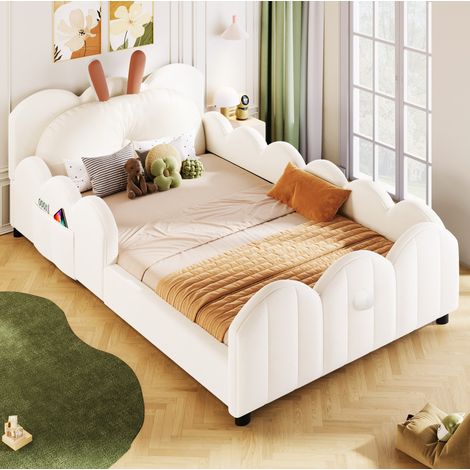 Cama plataforma tapizada 209x97.5x68 cm, con cabecero de orejas de conejo, barandillas, MDF, beige (1/5)