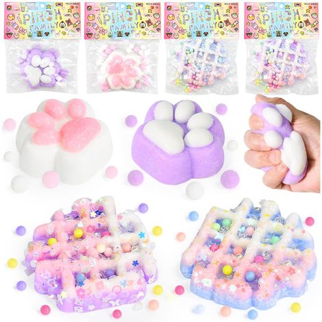 Lot de 4 jouets à presser, 2 jouets à presser en forme de patte de chat, jouet à presser en forme de patte de chat avec balles, 2 gaufres mochi spongieuses amusantes, jouets à presser gaufres Taba spo (1/5)