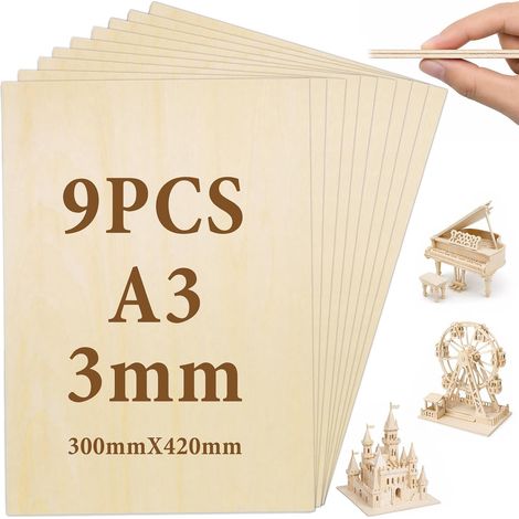 9 x A3 Contreplaqué 3mm, 420mm×300mm Contreplaqué  Planche en Bois Brut Pour DIY, Bois idéal pour Découpe Laser, Pyrogravure, Maquette, Décoration, Gravure (1/5)
