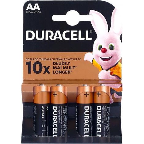 Batterie alcaline Duracell R6 AA, confezione da 4 pezzi.