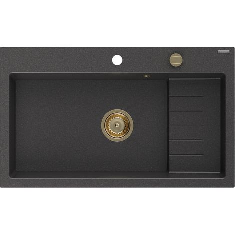 Mexen Omar fregadero de granito 1-cubeta 800 x 480 mm, negro moteado, sif贸n dorado - 6520801005-76-G (1/5)