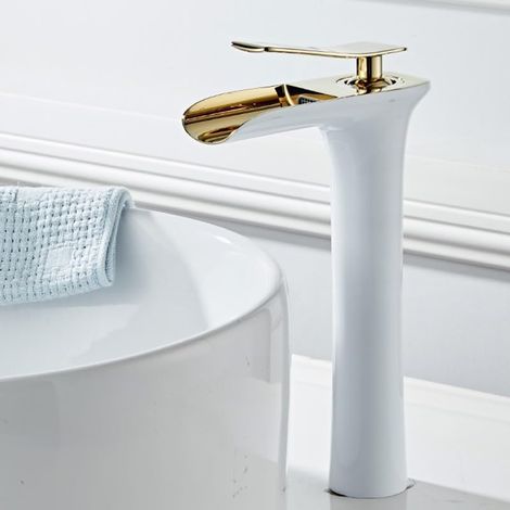 Robinet de salle de bain avec eau chaude et froide, robinet cascade blanc haut, robinet de lavabo cascade, avec flexible d'arrivée d'eau