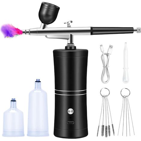 Kit Aérographe, Kit Aérographe Sans Fil, Aerographe, Aérographe Sans Fil, Avec Chargement Usb, Pour Maquillage, Artisanat, Gâteau, Tatouage, Modèle, Décoration D'ongles (Noir) (1/5)