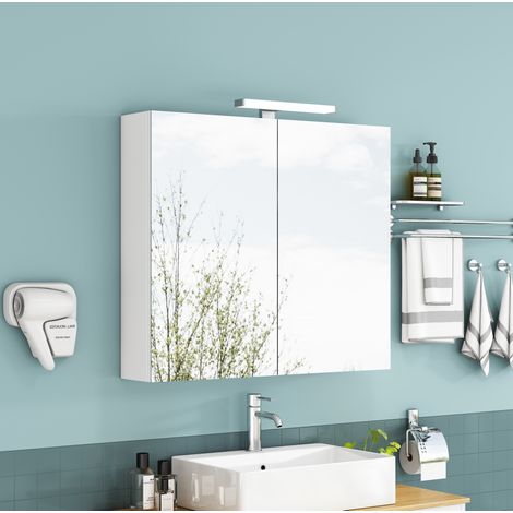 MODFU – Armoire toilette murale 80 cm MDF/verre – 2 portes et étagères verre réglables – LED et prise française – Salle de bains – Blanc (1/5)