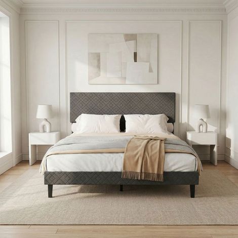 Letto 160x200, con testiera imbottita, struttura metallica e rete a doghe, Grigio