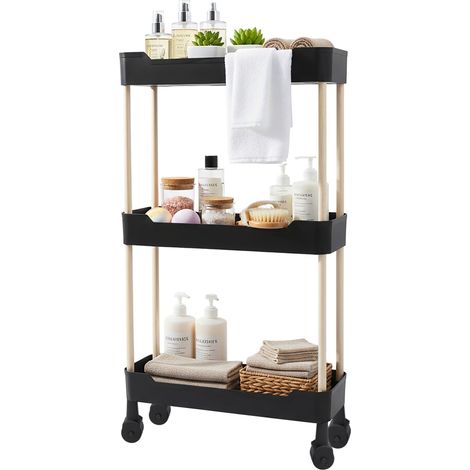 Kunststoff Rollwagen mit 3 Ebenen 70 x 40 cm - schwarz - Küchenregal mit Holzgestell auf 4 Rollen - Nischenregal Allzweckwagen